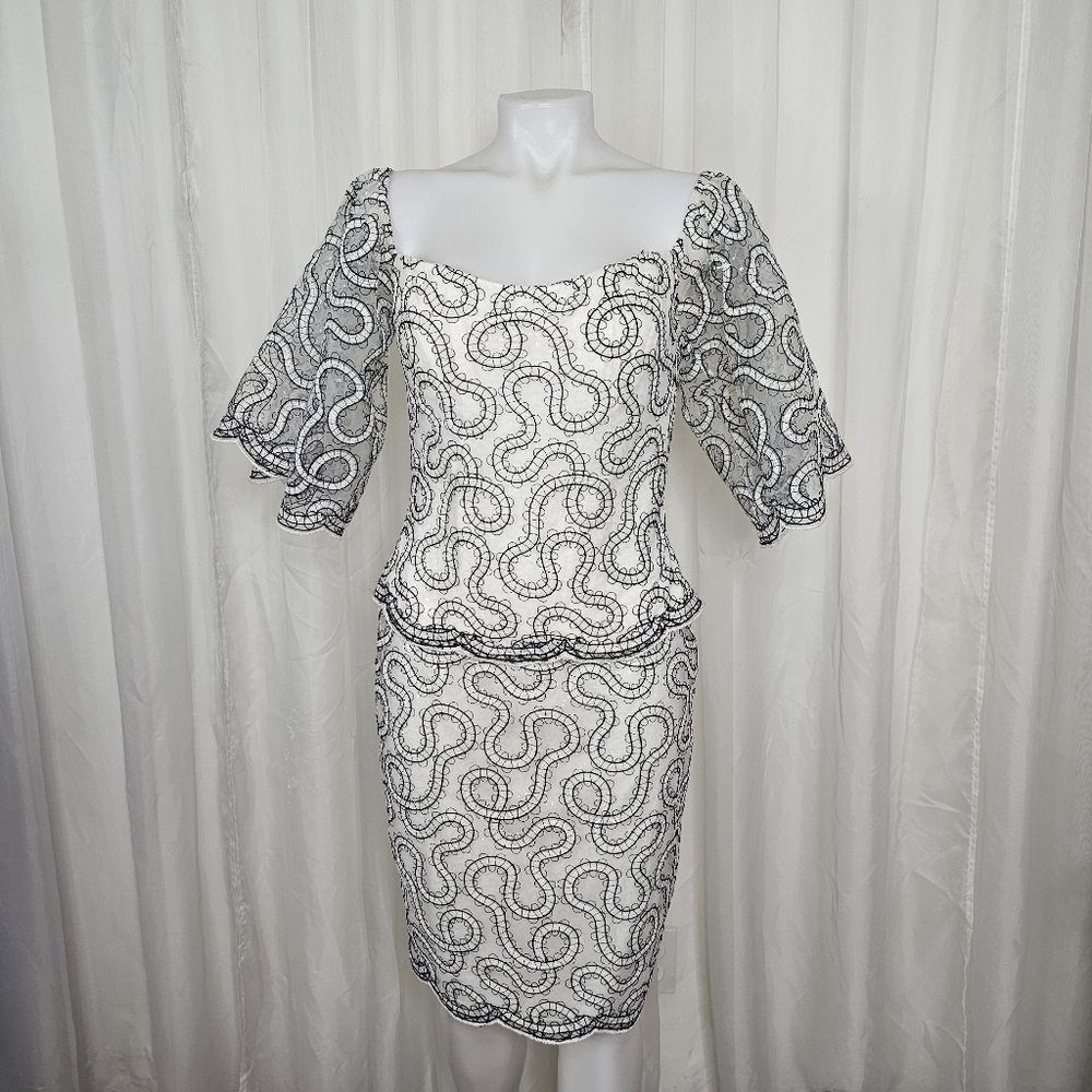 Rene Ruiz White & Black Lace Sequin Set Top & Skirt Off Shoulder Flowy Sleeve 8
